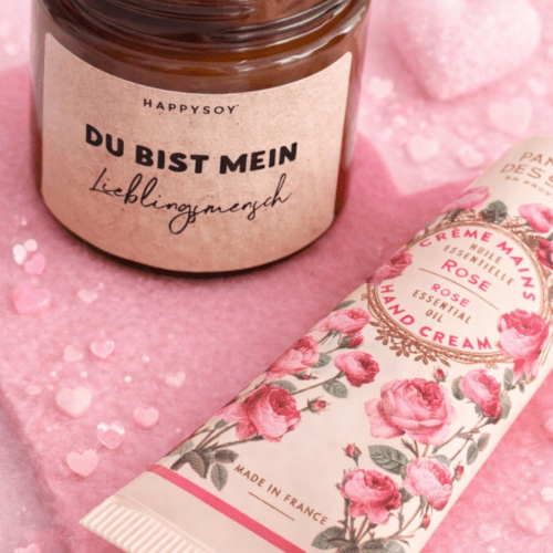 HappySoy Kerze „Du bist mein Lieblingsmensch“ + Handcreme Rose