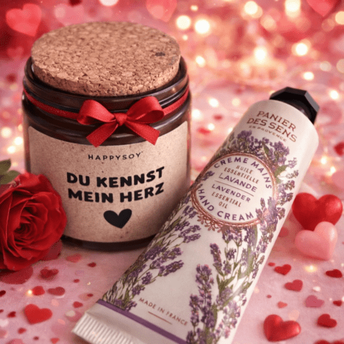 HappySoy Kerze „Du kennst mein Herz“ + Handcreme Lavendel