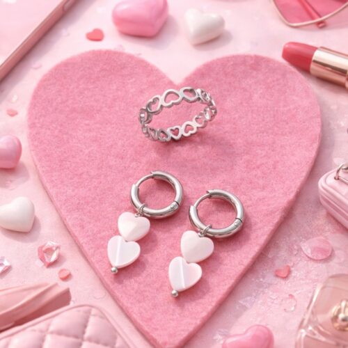 Silber Herz-an-Herz Ring + Perlmutt Herz Ohrringe