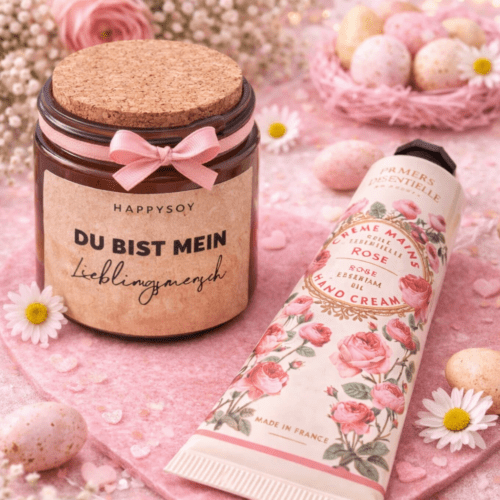 HappySoy Kerze „Du bist mein Lieblingsmensch“ + Handcreme Rose